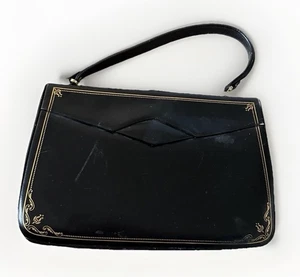 Vintage 50er Jahre B.L. Tasche von Lewis Handtasche schwarz Leder mit goldenem Metallgestell - Bild 1 von 8