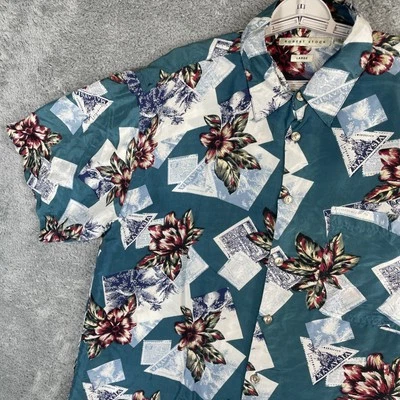 Camisa Robert Stock Hombre Grande Verde Azulado SS 100% Seda Floral Malasia AOP Luz Foto 1 de 4