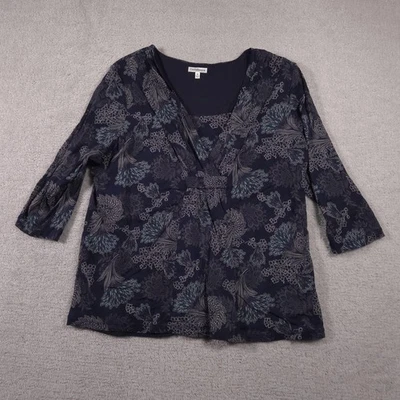 Croft & Barrow Shirt Womens 2X Blue Floral 3/4 Sleeve V Neck Nylon Overlay Top - Image 1 of 4