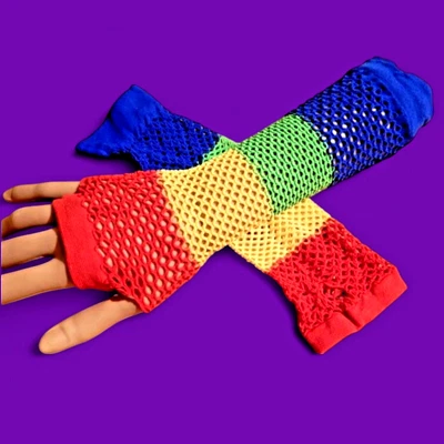 RAINBOW FISHNET ARM WARMERS raver costume pride lgbt cyber fingerless gloves 5V - Image 1 of 3