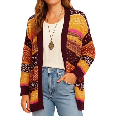Easel L Multicolor Knit Open Front Cardigan Sweater Boho Festival Cotton Blend - Image 1 of 4