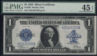 SC 1923 $1 Fr.239 Key Woods|Tate Sig. Silver Certificate PMG 45 EPQ Choice XF - Image 1 of 3