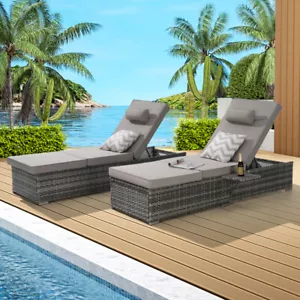 Outdoor Chaise Lounge Chair w Storage Patio Pool Chairs, Beach Rattan Recliners - Picture 1 of 21