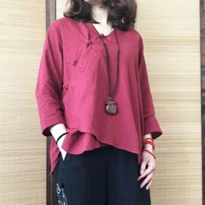 Lady Women Cotton Linen Blouse Chinese Capri Sleeve Baggy Shirt Vintage Top Soft - Image 1 of 4