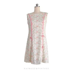 Vintage Mini Dress 60s A-Line Floral Bow Ribbon Mod Sleeveless Cream Pink - Picture 1 of 14
