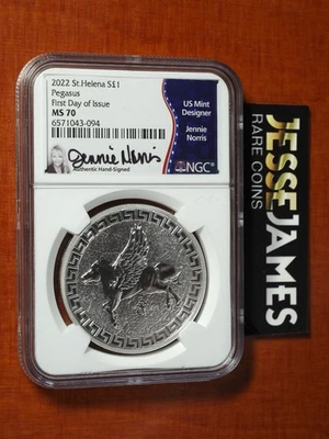 2022 $1 ST. HELENA SILVER PEGASUS NGC MS70 FIRST DAY OF ISSUE FDI JENNIE NORRIS - Image 1 of 2