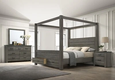 4Pc Gray Queen Canopy Bed Set Storage Footboard Luxurious Bedroom Furniture - Image 1 of 4