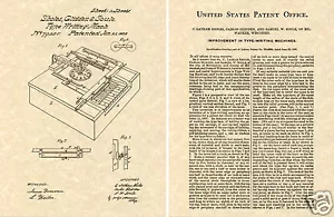 Sholes Glidden Soule TYPEWRITER PATENT 1868 Art Print READY TO FRAME!!!!! - Picture 1 of 1