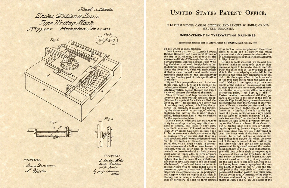 SOLES GLIDDEN SOULE MÁQUINA DE ESCRIBIR PATENTE 1868 impresión artística ¡¡¡¡LISTO PARA ENMARCAR!!!!! Foto 1 de 1