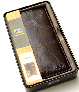 Fossil Men Brown Vintage Leather Flyby Secretary Wallet Gift Tin Box