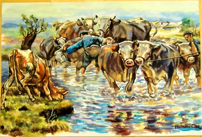 Walter Maria Hendrick #1 (29x42cm) "Viehherde" Kühe - Bild 1 von 4