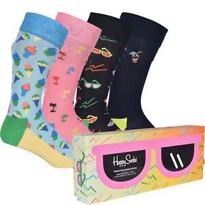 Happy Socks 4-Pack Tropical Day Cotton Socks Gift Box, Navy/blue/pink