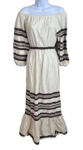 Vintage Hanacopoulos Dress Sz 1 Maxi Ivory Brown 70s Hippie Flower Child Boho - Picture 1 of 11