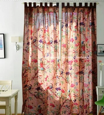 Cortinas boho vintage indias de algodón con estampado de pájaros decoración de ventanas cortina de melocotón Foto 1 de 3