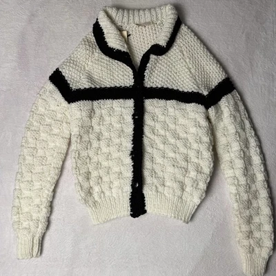 Cárdigan suéter tejido de gran tamaño hecho a mano de colección para mujer pequeño negro blanco texturizado Foto 1 de 4