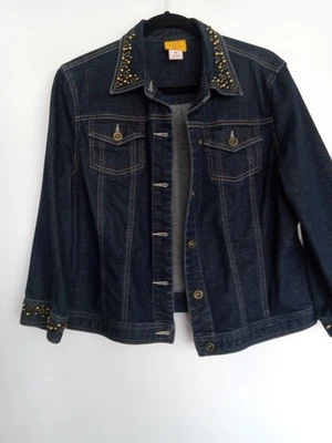 Size 16 Dark wash jean jacket w/ brass accents and underlying gold by Ruby Rd - Image 1 of 4