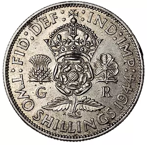 1944 Great Britain Two Shillings KM 855-AU+-Silver-Free USA Shipping - Picture 1 of 2