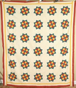 Vintage 1890's Red, Green & Cheddar "Ring Around the Rosy" Antique Quilt Top! - Picture 1 of 5