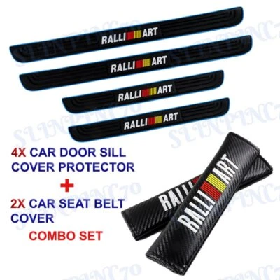 Blue Car Door Scuff Sill Step Protector +Seat Belt Cover For Mitsubishi RALLIART - Image 1 of 4