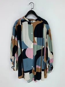 Masai Multicolour Geometric Blouse Balloon Sleeve Button Front UK Size S - Picture 1 of 12