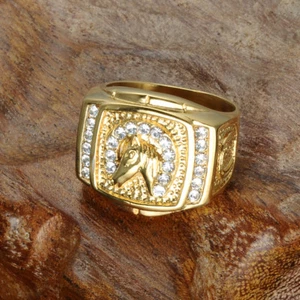 18K GOLD EP CZ ROUND CUT MENS LUCKY HORSE SHOE RING size 7 - 15 you choose - Picture 1 of 6