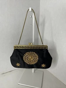 VTG CLUTCH BAG Black Satin Gold Chain Gold Ornate Trim Etc…Old Hollywood - Picture 1 of 8