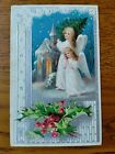 Vintage Embossed Postcard A Happy Christmas Angels, Church, Holly