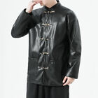 Mens Faux Leather Drop Shoulder Shirt Jacket Top Frog Button Coat Shiny Black