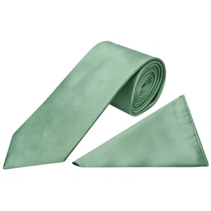 Plain Seagrass Satin Classic Mens Tie and Pocket Square Set Regular Wedding Tie - Picture 1 of 4