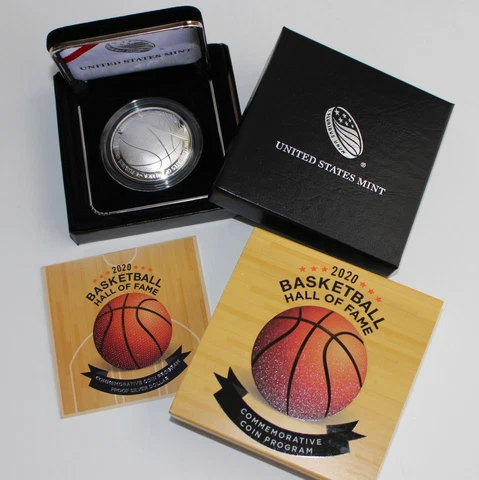 2020 P Basketball Hall of Fame Proof Silver Dollar Curved Coin Box and COA Cover