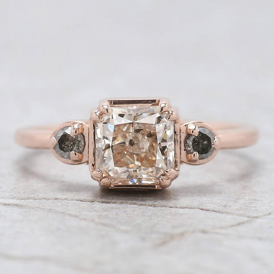 1.43 Ct Radiant Salt And Pepper Diamond Ring 14K Rose Gold Engagement Gift Ring - Image 1 of 4