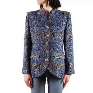 Yves Saint Laurent Vintage Women's Blue Gold Brocade Paisley Blazer Jacket FR 42 - Picture 1 of 12