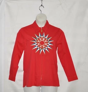 Bob Mackie Stretch Cotton Nautical Emblem Zip Front Shirt Size L Red - Picture 1 of 2