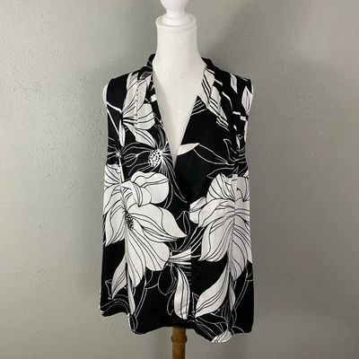 White House Black Market Top Size L Silky Black White Floral Lined Sleeveless - Image 1 of 4
