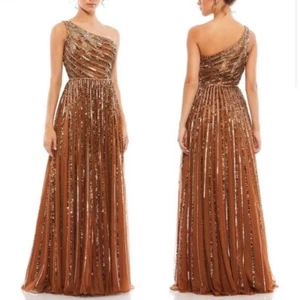 NWT Mac Duggal Brown Copper Embellished Sequin One Shoulder A Line Gown Sz 8 - Picture 1 of 15