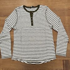 Ex-M & S Cream/Khaki Striped 100% Cotton Jersey Long Sleeved Henley Top - SECOND