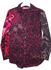 NEW Desigual Floral Embroidered Pink Hues High low Roll Tab Button Shirt Sz L