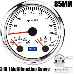 85mm White Boat Car 3 IN 1 Gauge Tachometer 8000RPM With Water Temp Voltmeter - Picture 1 of 15