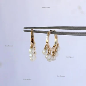 3.5mm Real Pearl Drop Huggies Earrings Solid 14k Gold Shake Drops Hoops Earrings - Picture 1 of 11