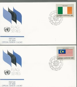 UN - NYC 1982 Flags SC # 374-7 FOUR FDC'S SEYCHELLES AUSTRIA IRELAND MALAYSIA - Picture 1 of 2