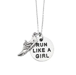 Pewter Running Shoe RUN LIKE A GIRL Necklace~18 inch Stainless Steel Chain - Picture 1 of 4
