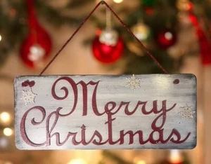 Hand Painted Wooden Plaque White Red Merry Christmas Snowflakes Rustic Farmhouse - Picture 1 of 1