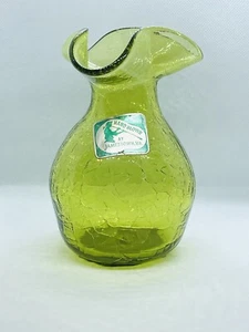 Green Handblown Crackle Glass Jamestown Ruffled Edge VTG With ORIGINAL LABEL - Picture 1 of 8