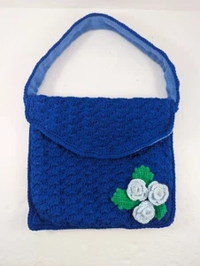 Handmade Crocheted Purse Blue Flowers Granny Core Bag 10.5 x 9.75" - Picture 1 of 12