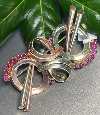 Broche Vintage Oro Rosa Amarillo 14K Rubí Estate Joyería Fina Usado Retro XXL Foto 1 de 4