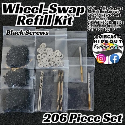 Kit de recarga de cambio de rueda de 206 piezas tornillos hexagonales negros para 1/64 Hot Wheels Matchbox Foto 1 de 4