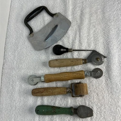 Vintage Lot Of Baker Tools, Cast Iron Cutter, Pastry Roller Cutters Wooden - Image 1 of 4