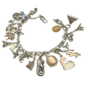 Vintage Sterling Silver Traveler's Charm Bracelet, 7.5", 17 Sterling Charms - Picture 1 of 5