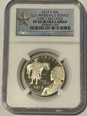 2015-S 50c U.S. Marshals Service Half Dollar NGC PF69 ER ,Ultra Cameo  @ - Image 1 of 2