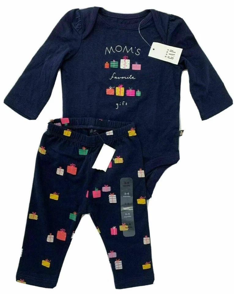 全新带标签 Gap Baby 男孩女孩 3-6 Mon Mom's Favorite 礼物 圣诞紧身衣裤套装 — 第 1/4 张图片